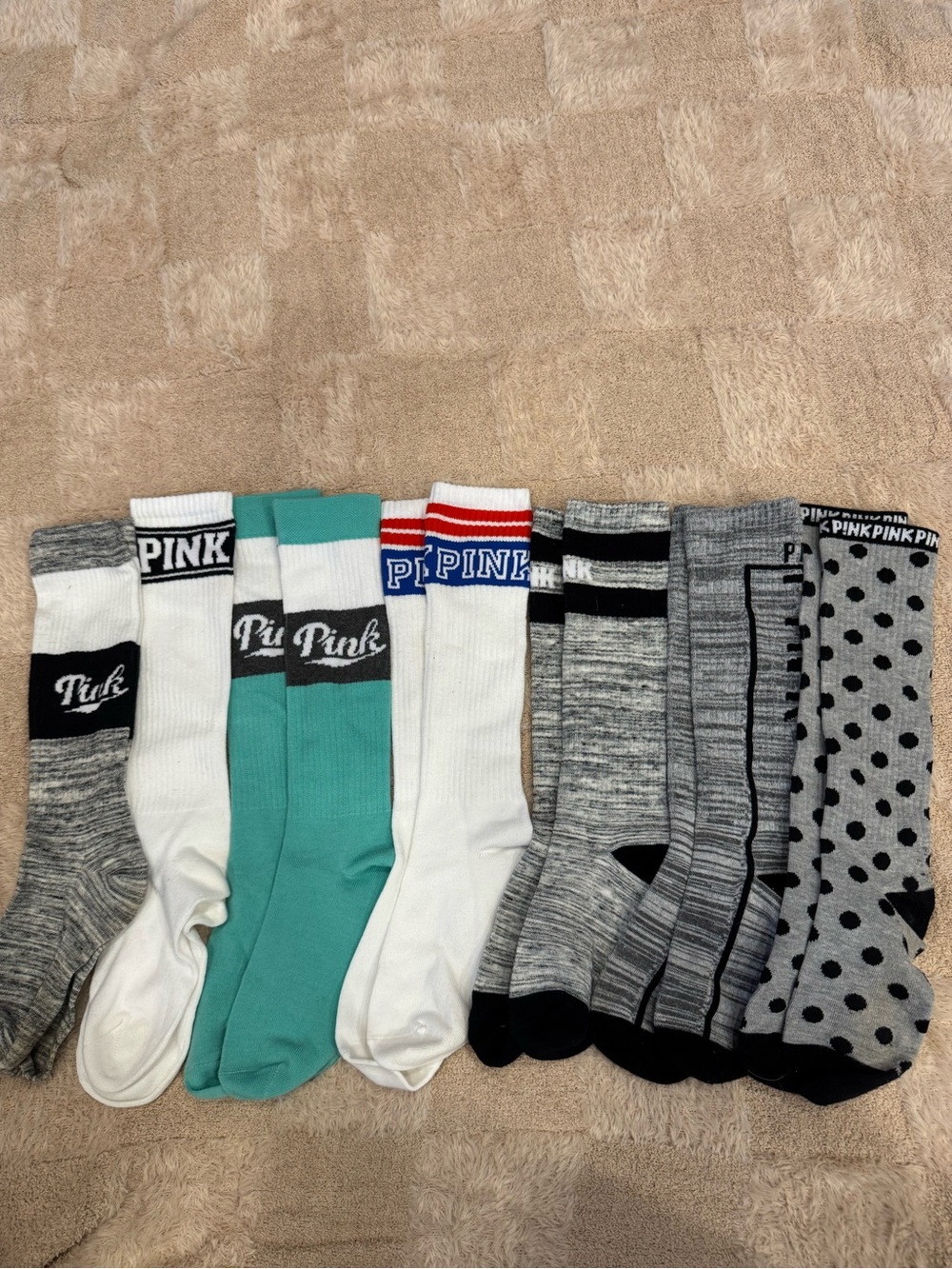 PINK Victoria's Secret Assorted Crew Socks in White, Teal, Gray & Black Like New